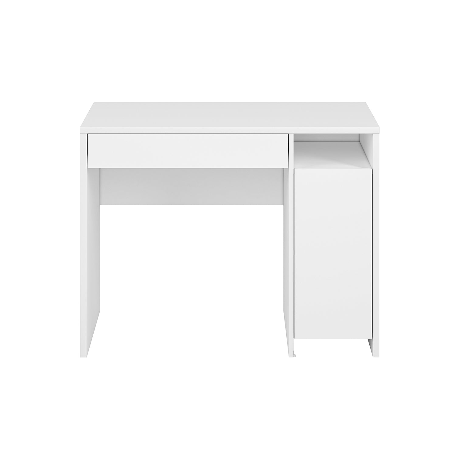 Białe biurko Kendo posiada funkcjonalną szufladę i pojemną szafkę. Odpowiedniej wielkości blat roboczy ułatwi pracę lub naukę. Idealnie wkomponuje się w mniejszych pomieszczeniach- biel optycznie je powiększy.