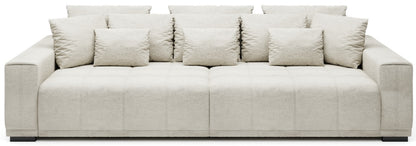Zbliżenie na dużą jasną sofę kanapę MINDELO do spania 2 pojemniki.