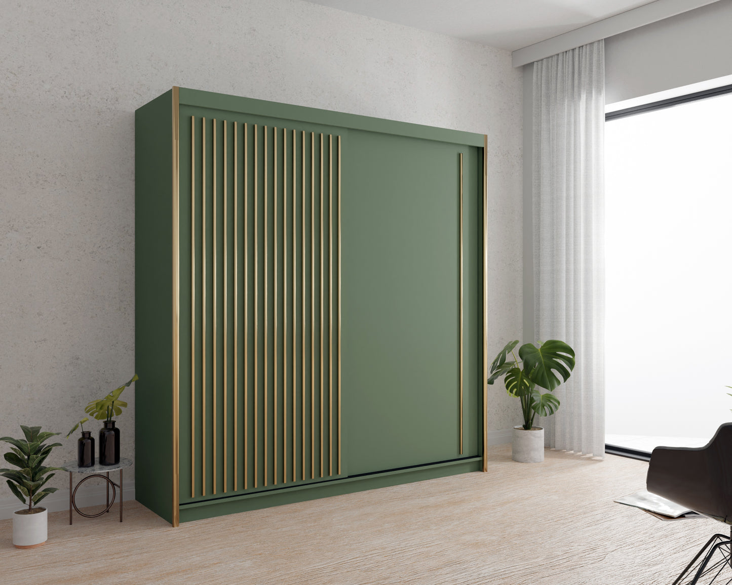 Zdjęcie przedstawiające przykładową aranżację nowoczesnej zielonej szafy przesuwnej do salonu Artist. Nowoczesna, zielona szafa przesuwna na ubrania Artist została ozdobiona lamelkami w kolorze złotym, a takie połączenie daje efektowny efekt
