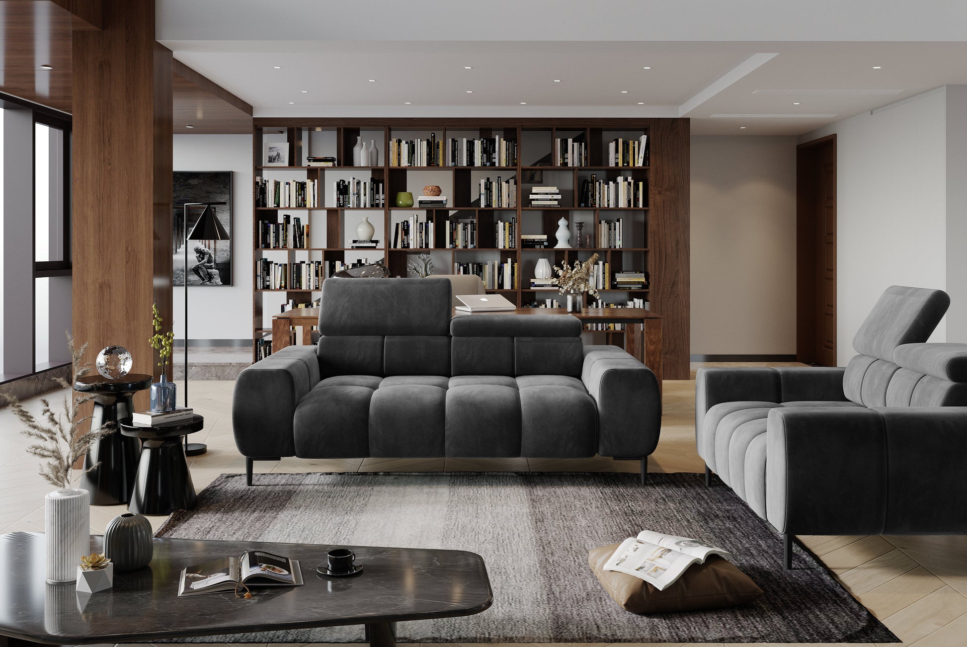 Przykładowa aranżacja z wykorzystaniem dużej sofy do salonu PLAZA ruchome zagłówki w nowoczesnym pomieszczeniu z drewnianymi elementami.
