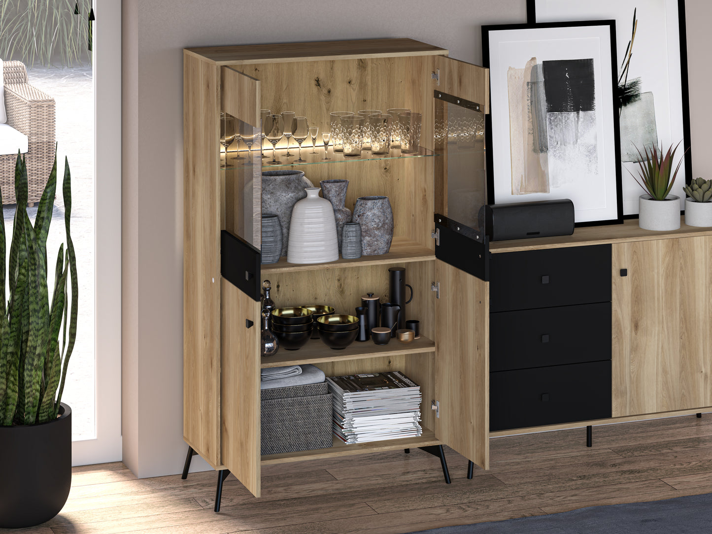 WITRYNA KREDENS LOFT LED DO SALONU SZKŁO HARTOWANE