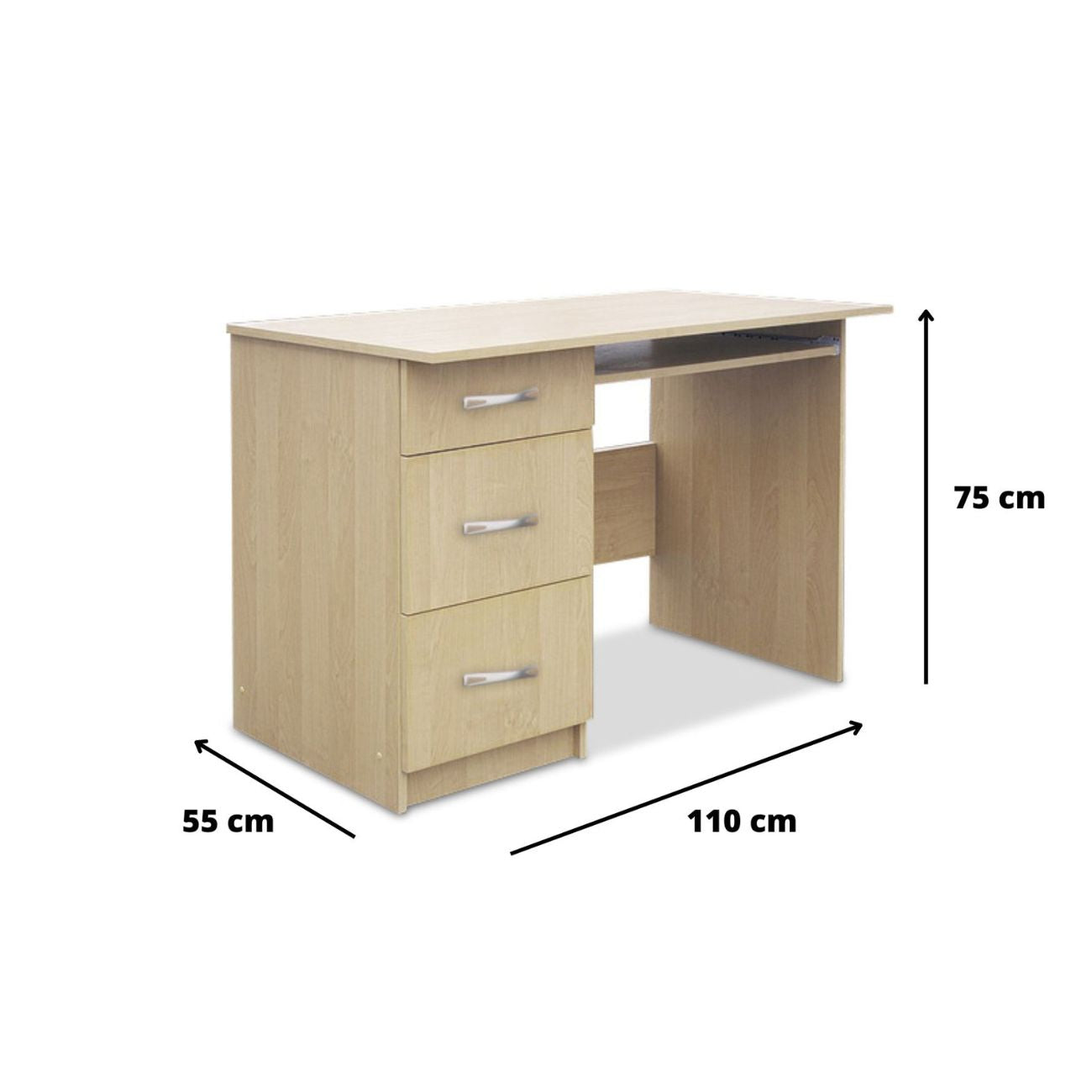 Wymiary małego biurka komputerowego MIKI 110 cm. 3 szuflady są tak dostosowane aby było ono stabilne, a zarazem zajmowało niewiele miejsca w pomieszczeniu.