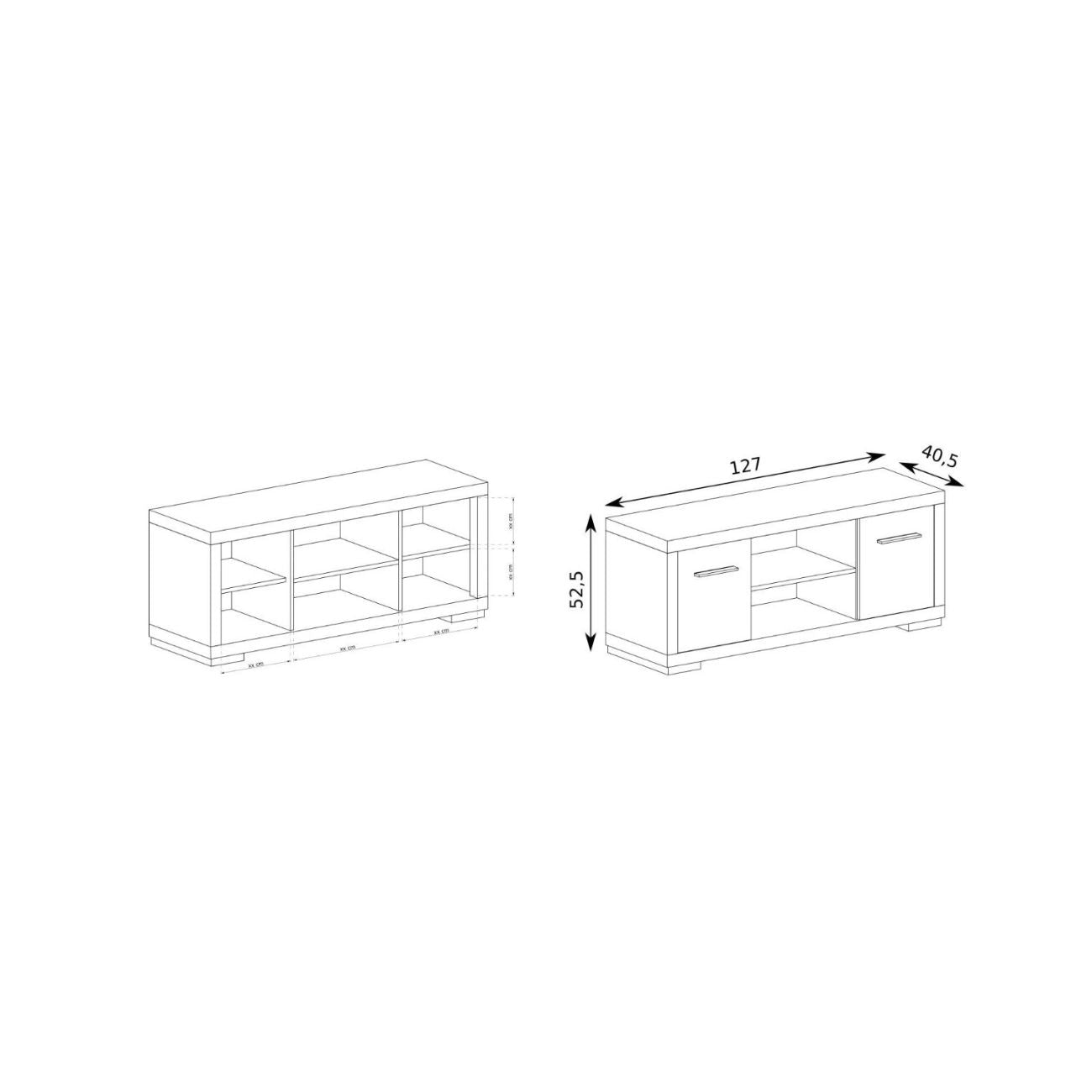 Rysunki przedstawiające wymiary oraz układ małej szafki RTV 2 fronty + otwarte półki SANTOS.