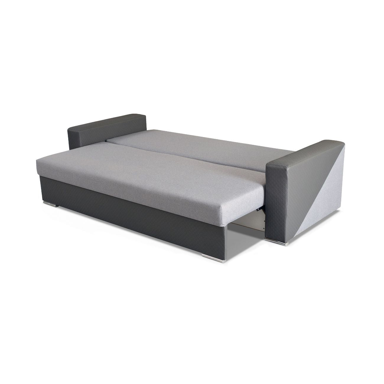 Rozkładanie kanapy z pojemnikiem do salonu INEZ pozwala na uzyskanie trwałej i wygodnej powierzchni spania.