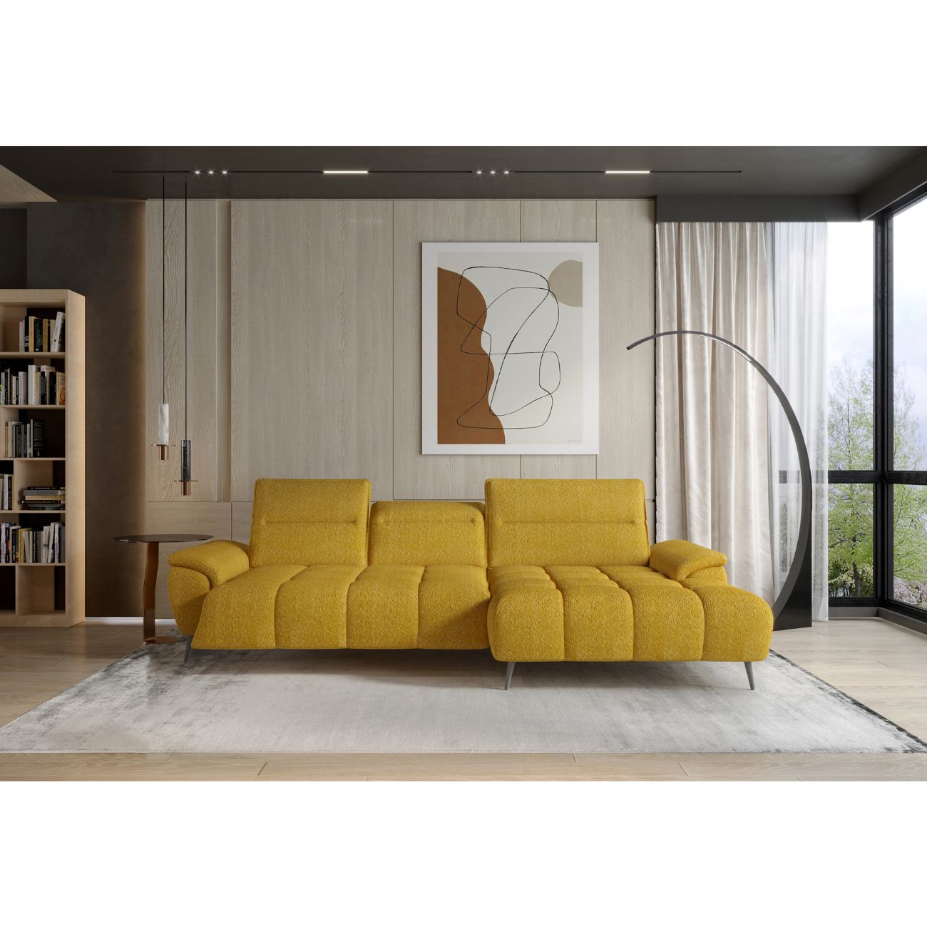 Żółty narożnik elektryczny na srebrnych nogach MONTANA MINI to elegancki mebel do salonu, pokoju dziennego, młodzieżowego, salonu i innych tego typu pomieszczeń.