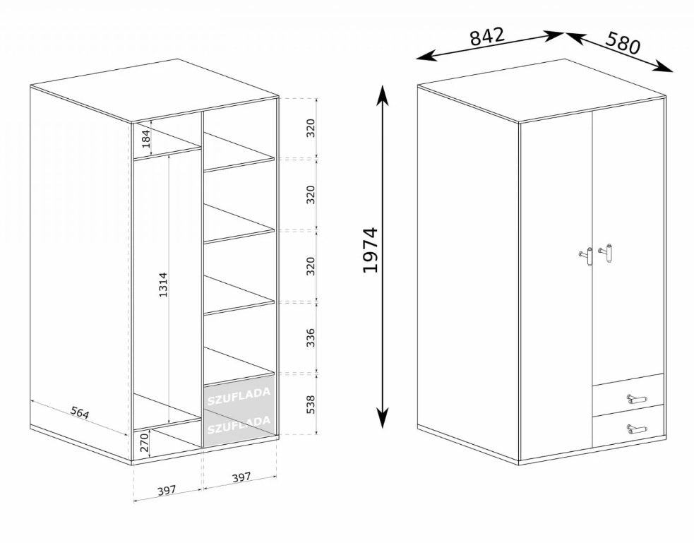 Wymiary i wnętrze klasycznej szafy dwudrzwiowej WOOD drążek to funkcjonalny układ w środku oraz stabilność mebla.