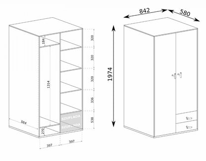 Wymiary i wnętrze klasycznej szafy dwudrzwiowej WOOD drążek to funkcjonalny układ w środku oraz stabilność mebla.