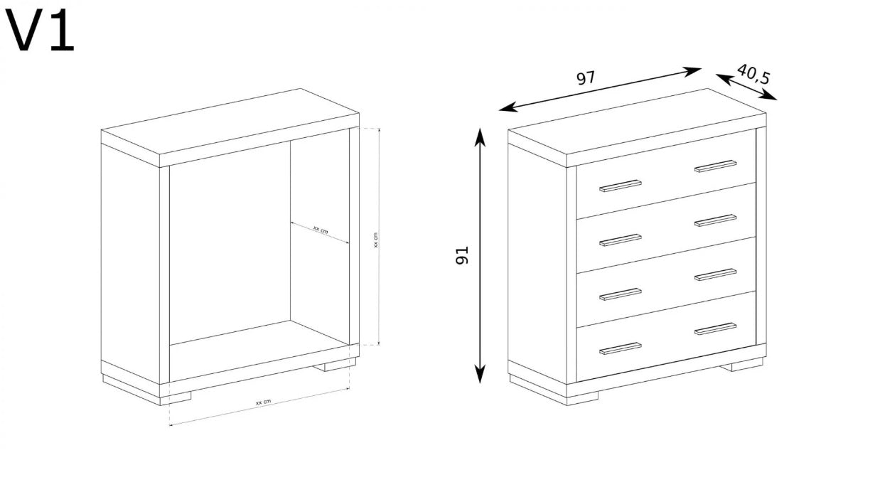 Wymiary komody do sypialni salonu biura 4 szuflady SANTOS  są tak dostosowane aby mebel był stabilny i funkcjonalny.