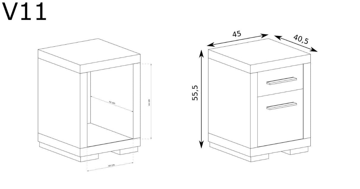 Rysunki przedstawiające wymiary oraz wnętrze kontenerka szafki do biura gabinetu SANTOS szuflada + front.