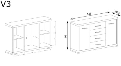 Rysunki przedstawiające wymiary oraz wnętrze komody do sypialni biura 4 szuflady 2 fronty SANTOS.