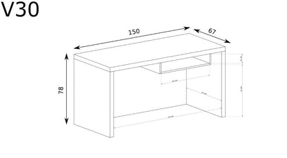 Rysunek przedstawiający wymiary biurka toaletki 150 cm. z wysuwaną półką SANTOS. 