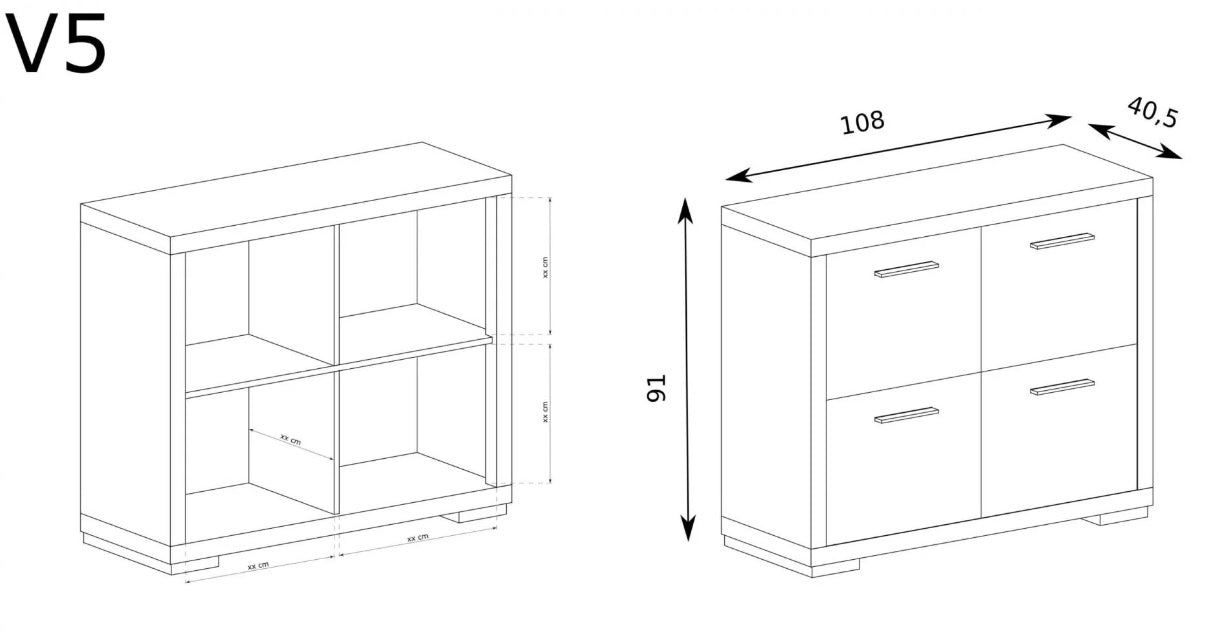 Rysunki przedstawiające wymiary oraz funkcjonalny układ komody SANTOS z 4 szufladami do sypialni biura itp.