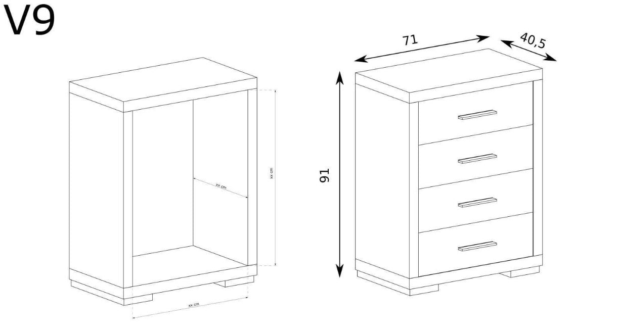Rysunki przedstawiające wymiary małej komody do sypialni salonu biura 4 szuflady SANTOS.