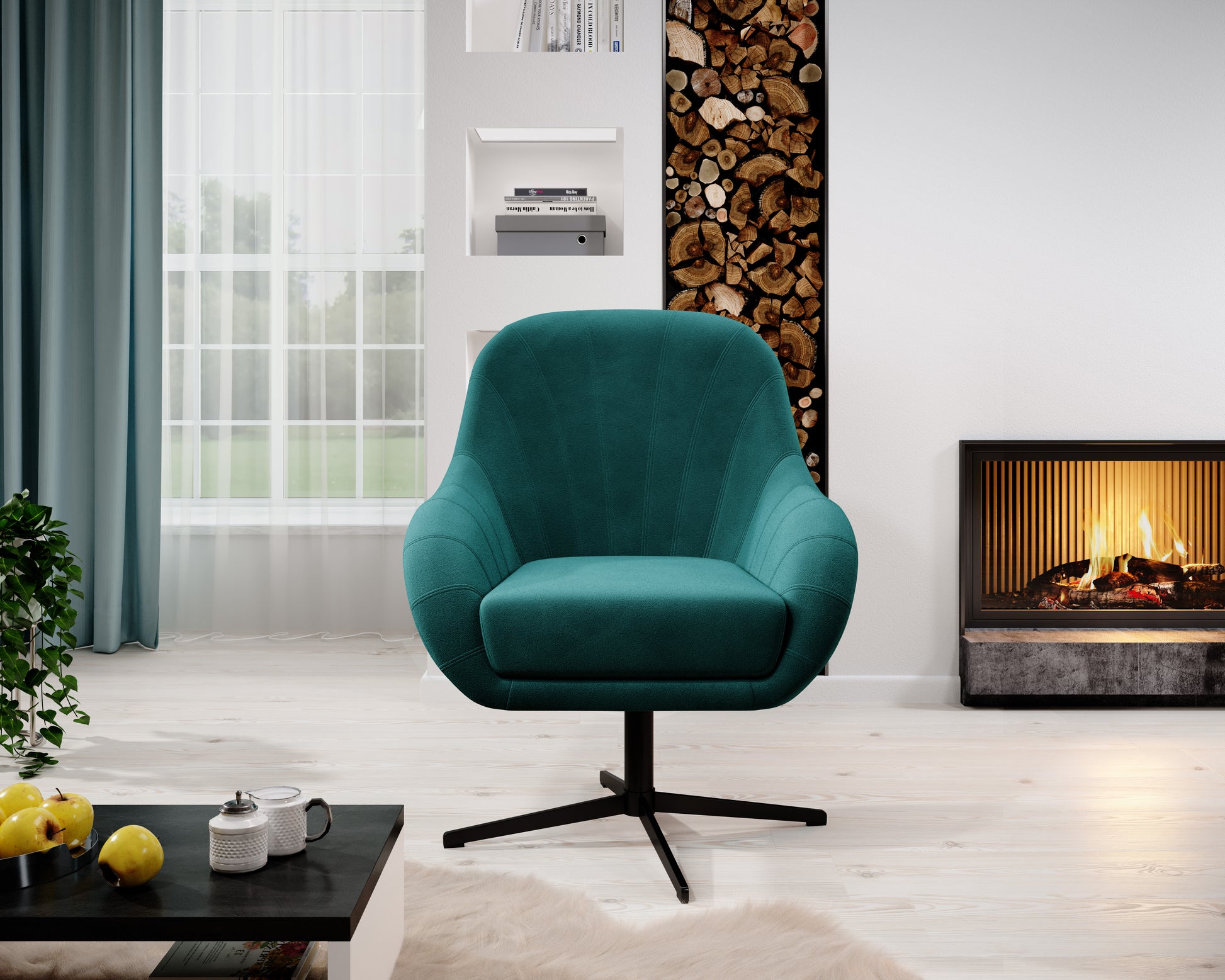 Przykładowa aranżacja z wykorzystaniem fotela obrotowego do salonu gabinetu COCO w kolorze turkusowym. Idealnie zdobi nowoczesne wnętrze ze stylowymi akcentami.