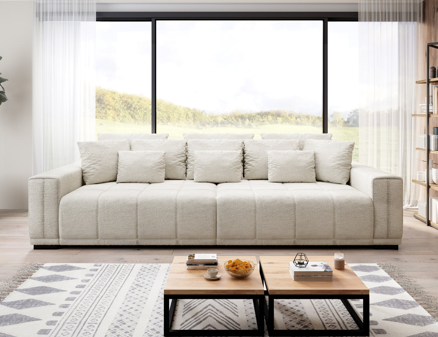 Duża jasna sofa kanapa MINDELO do spania 2 pojemniki w nowoczesnej aranżacji z drewnianymi akcentami.