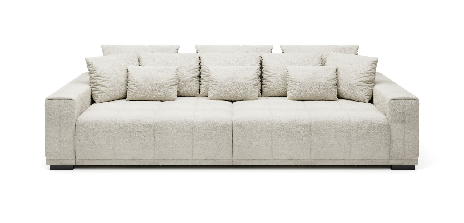 Jasna duża sofa kanapa MINDELO do spania 2 pojemniki z licznymi poduchami i poduszkami oraz z ozdobnymi przeszyciami.