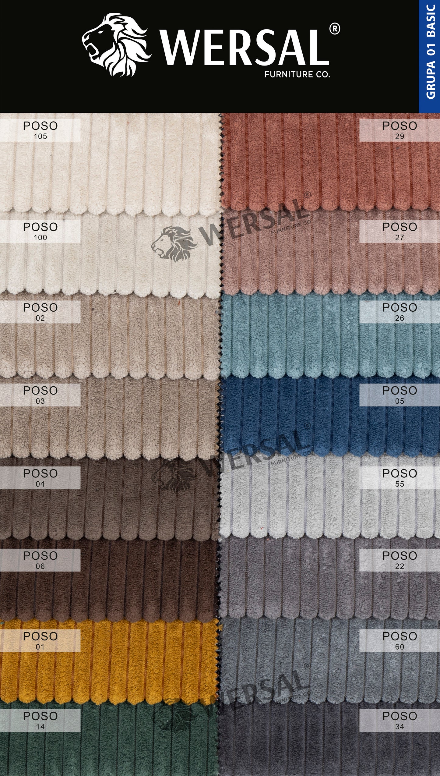 Przyjemny w dotyku welur Poso to świetna baza do produkcji mebli tapicerowanych. Obite materiałem narożniki, sofy i wersalki zyskują modny wygląd. Widoczne na powierzchni tkaniny rowki doskonale prezentuje się również na poduszkach dekoracyjnych. Charakterystyczną cechą tkaniny jest wysoka odporność na piling. Welur tapicerski Poso występuje w wyjątkowo popularnych kolorach. Za zachowanie oryginalnej intensywności kolorów przez długi czas odpowiada wysoka odporność na działanie promieni światła.