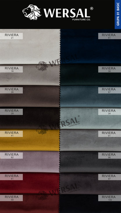 Tkanina Riviera: aksamitny materiał z gatunku velvet. Cechuje się wysoką odpornością na ścieranie oraz uszkodzenia. Posiada mikrowłoski pełniące rolę ochrony przed kurzem i brudem.