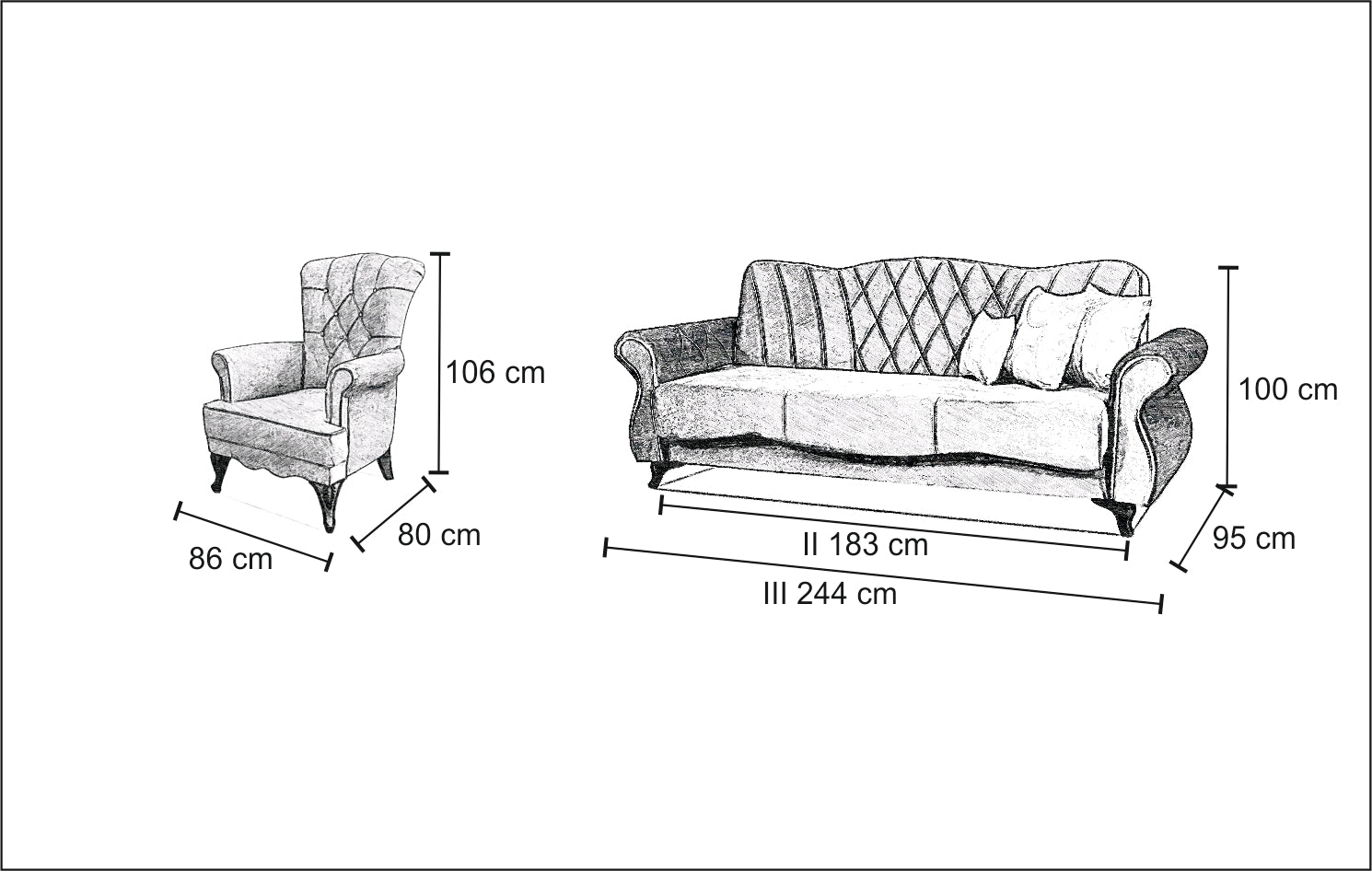 Wymiary eleganckiej rozkładanej wersalki Panama z pojemnikiem tkanina Manila, sofy dwójki oraz fotela w tym samym stylu. Rozmiary są tak dostosowane aby meble były wygodne, funkcjonalne oraz stabilne.