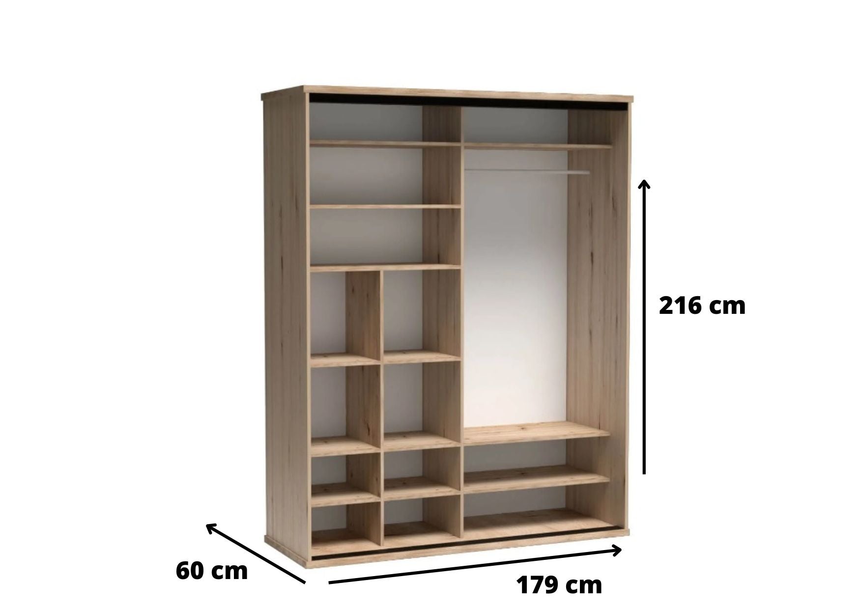 Wymiary dużej szafy przesuwnej garderoby Artisan są tak dostosowane aby mebel był stabilny i funkcjonalny. Mnogość półek, przegroda oraz drążek ułatwiają segregację.