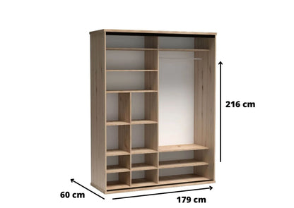 Wymiary dużej szafy przesuwnej garderoby Artisan są tak dostosowane aby mebel był stabilny i funkcjonalny. Mnogość półek, przegroda oraz drążek ułatwiają segregację.