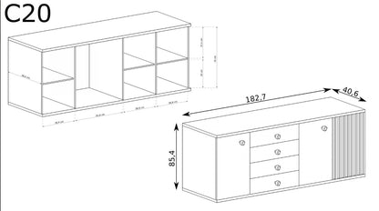 Wymiary i wnętrze komody 4 szuflady 3 fronty Artisan. W każdej szafce została umieszczona półka co wraz z pojemnymi szufladami wpływa na funkcjonalność  mebla.