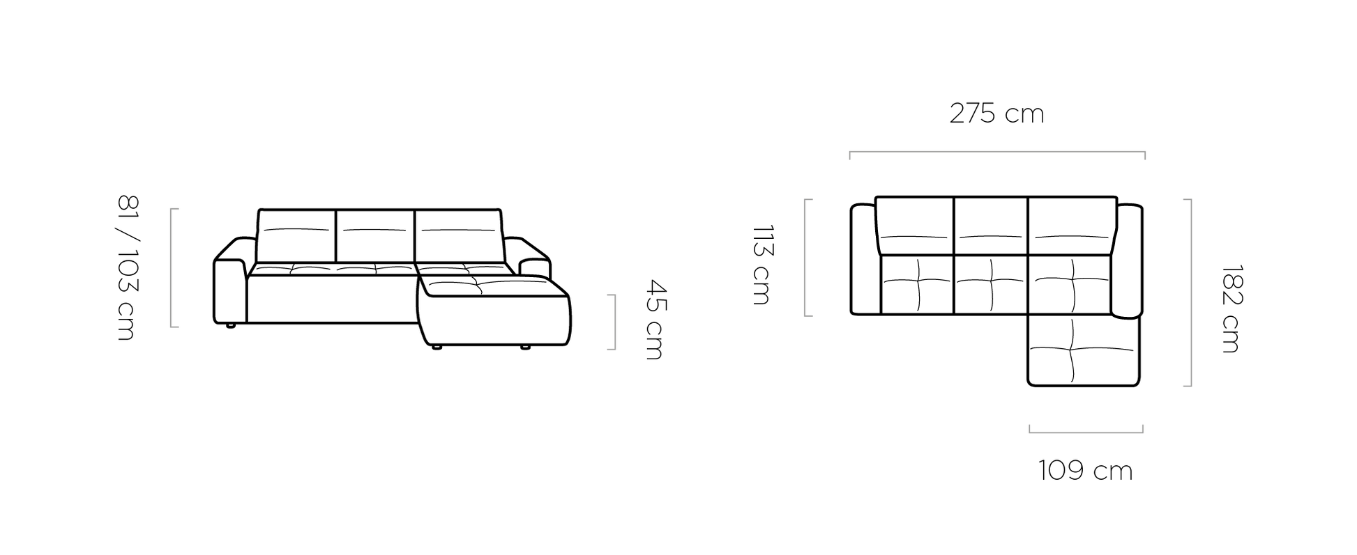 Rysunek oraz wymiary narożnika COLOMBO MINI z elektrycznym wysuwem.