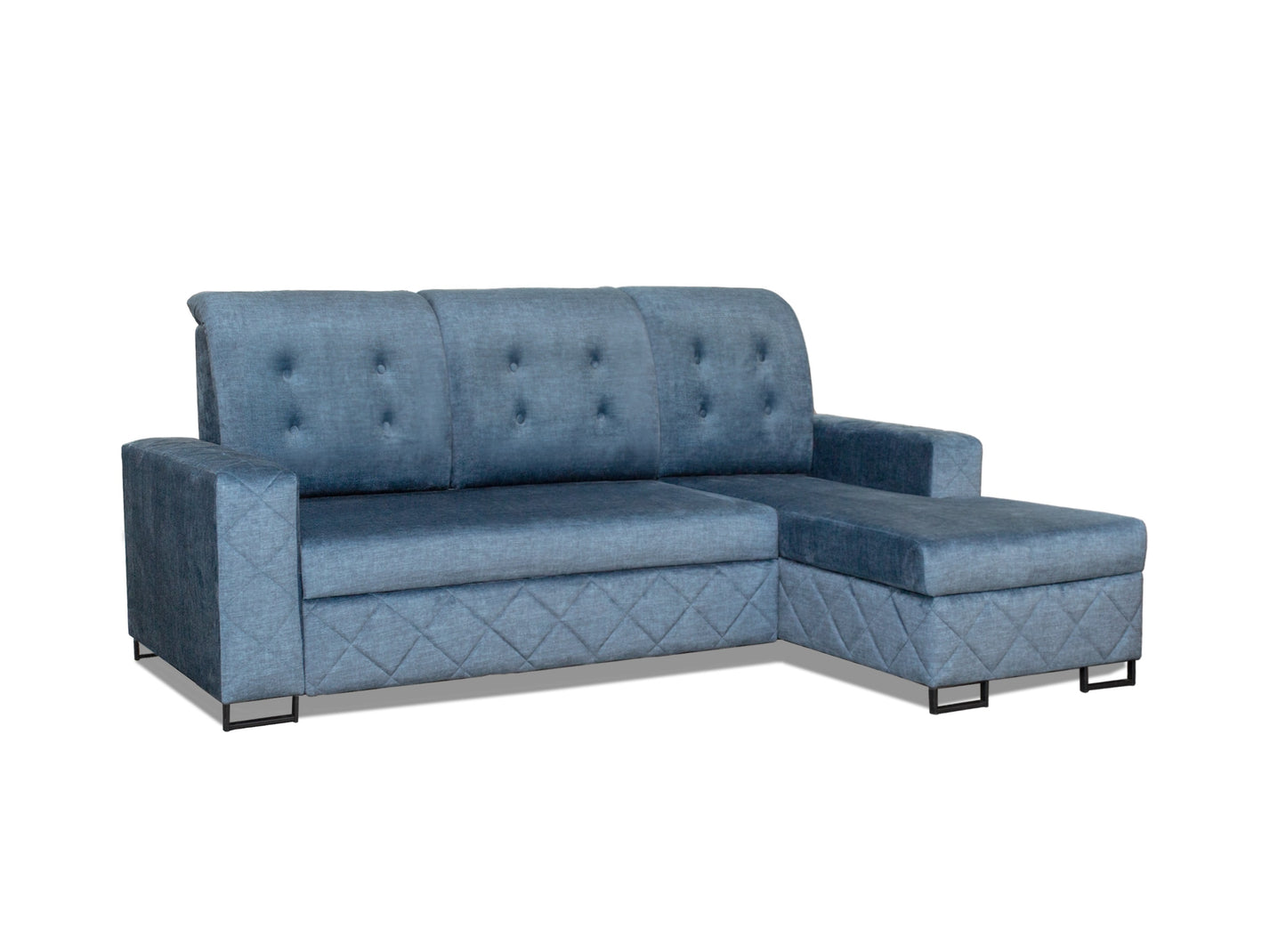 Niebieski narożnik do salonu funkcja spania FABIAN pikowany metalowe nogi w stylu loftowym to niezwykle elegancki mebel.