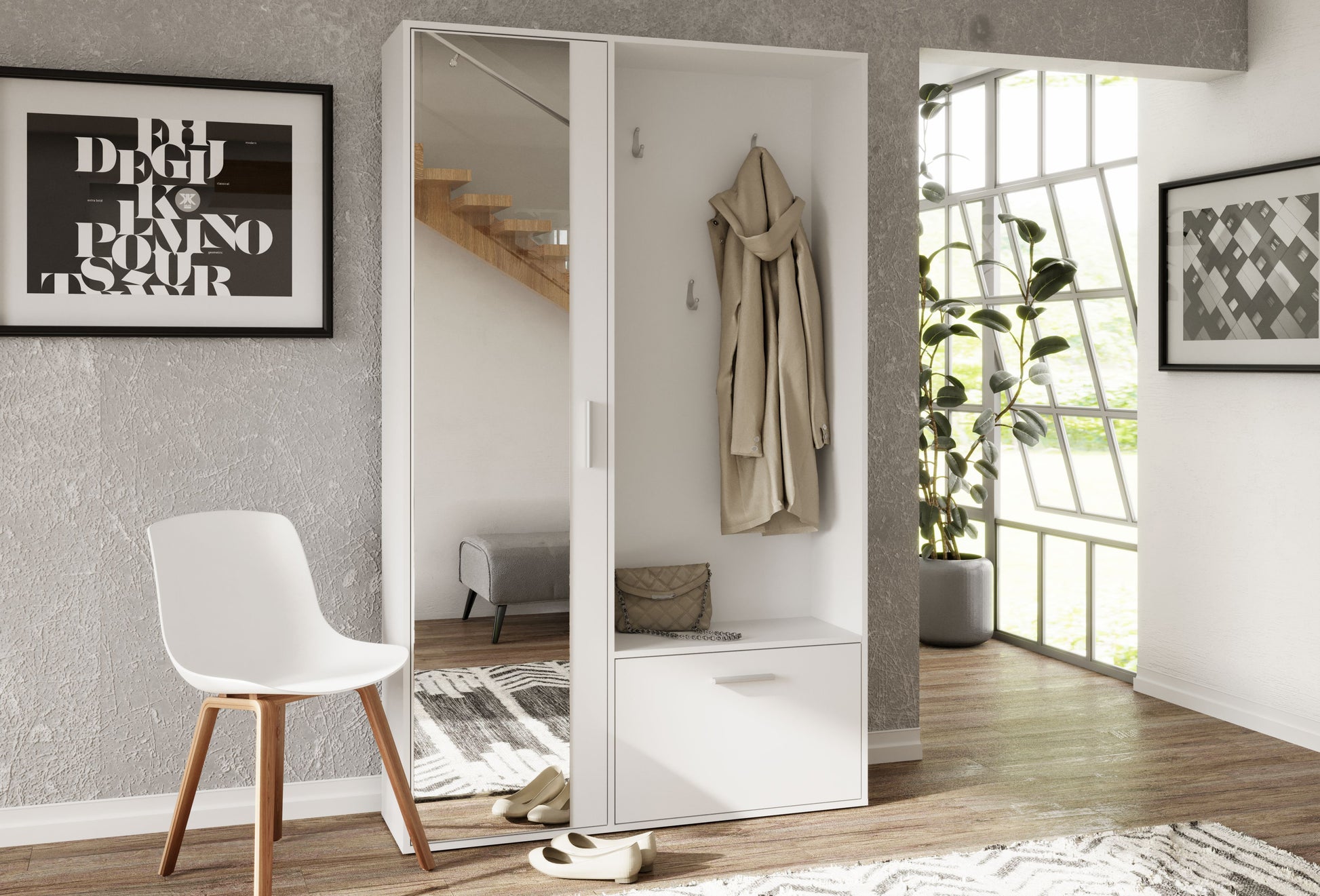 Przykładowa aranżacja z wykorzystaniem białej garderoby do przedpokoju z lustrem PALERMO w nowoczesnym, jasnym pomieszczeniu.