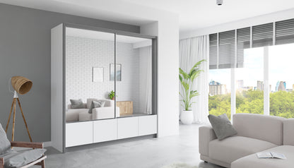 Zdjęcie przedstawiające przykładową aranżację szafy przesuwnej z lustrem 200 cm cztery szuflady do nowoczesnej sypialni, do nowoczesnego salonu