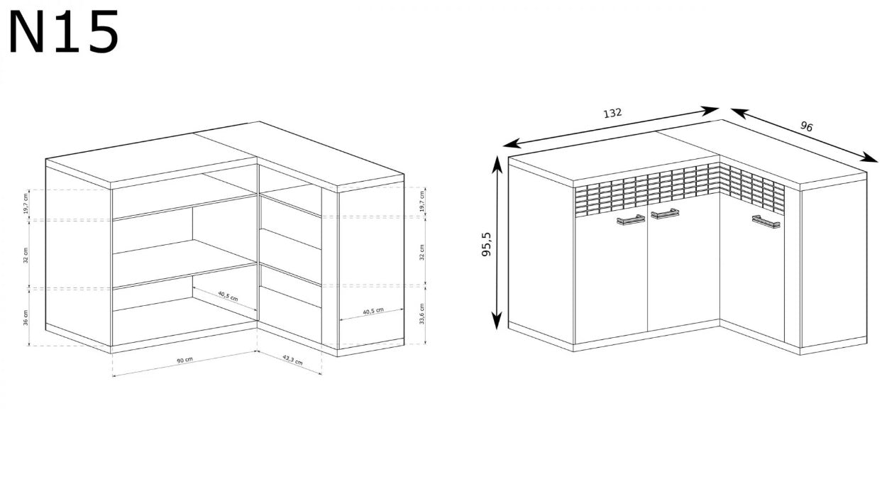 Wnętrze oraz wymiary komody narożnej BOHO 2 szuflady 3 fronty zostały tak dostosowane aby mebel był funkcjonalny i stabilny zarazem.