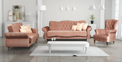 Elegancka sofa dwuosobowa z pojemnikiem tkaniny Manila w przykładowej, jasnej aranżacji z wykorzystaniem sofy-wersalki trzyosobowej oraz fotela.