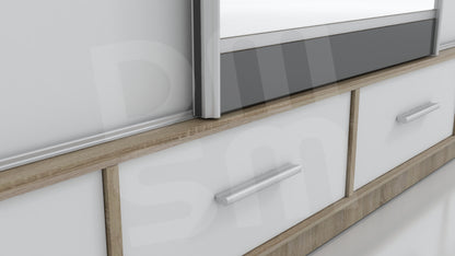 Biała szafa przesuwna z lustrem oraz korpusem dąb sonoma - zbliżenie na szuflady