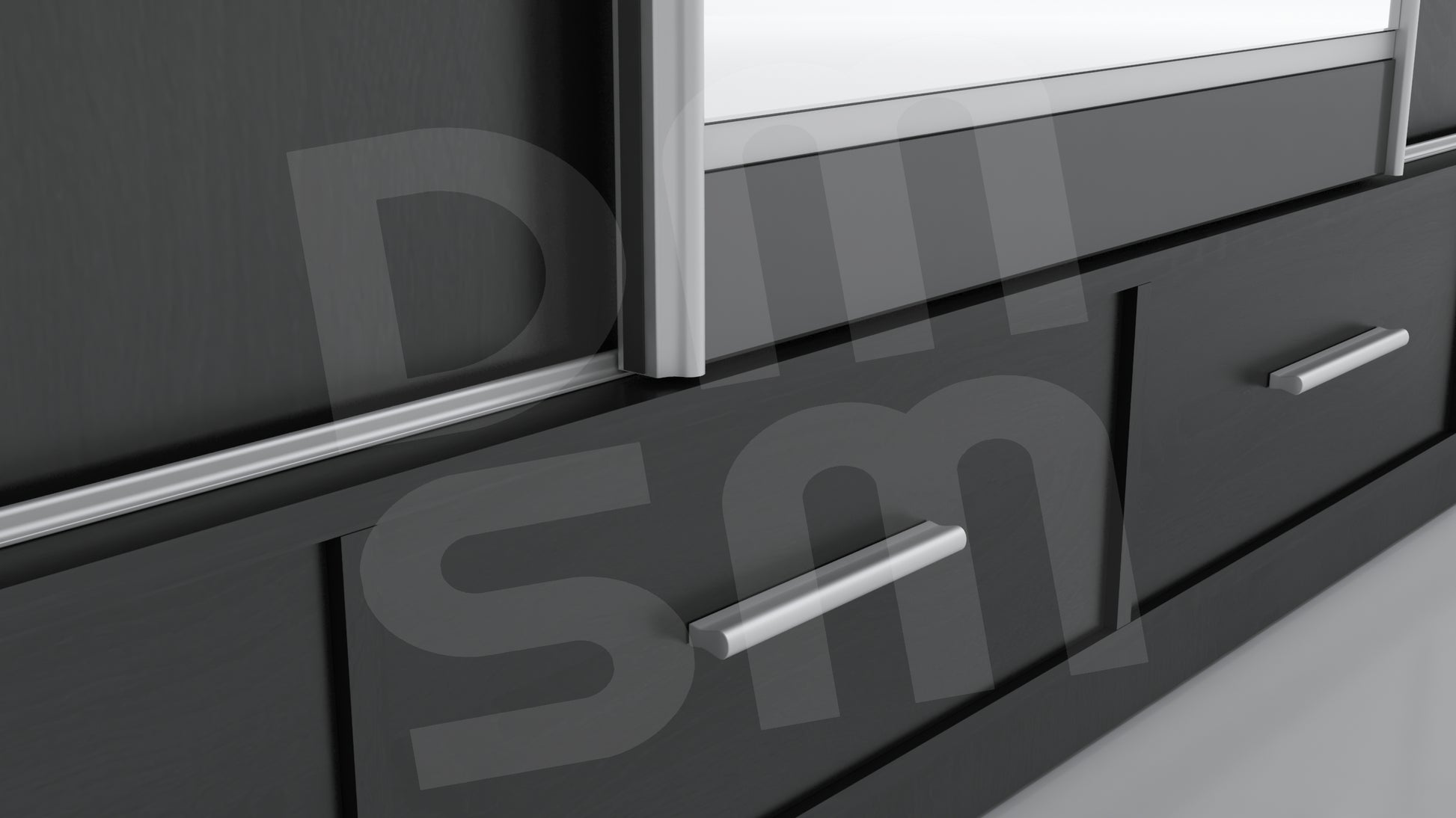 Zbliżenia na czarne szuflady w szafie przesuwnej David 250 cm. Szafa przesuwna do sypialni w super cenie tylko na DMSM.pl