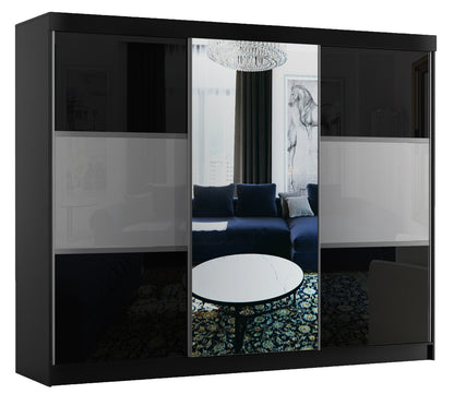 Duża szafa przesuwna z lustrem 250 cm. w kolorystyce czarnej z frontami szklanymi lakobel. Idealnie wkomponuje się w jasne, przestronne wnętrza. Odpowiednia do sypialni, garderoby, przedpokoju i innych tego typu pomieszczeń.