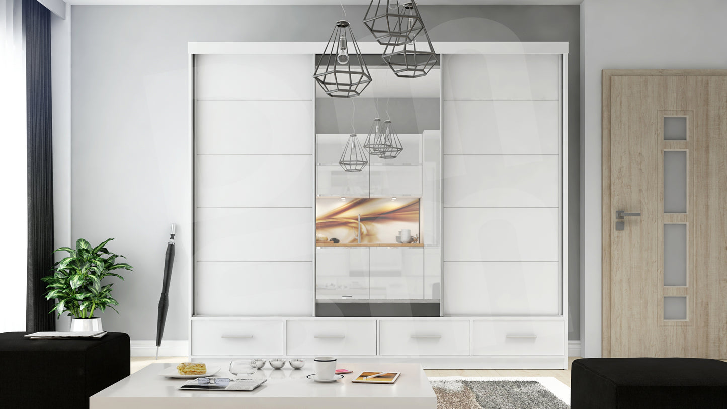 Biała szafa przesuwna z czterema szufladami oraz dużym lustrem, biała szafa David 250 cm w super cenie tylko na DMSM.pl