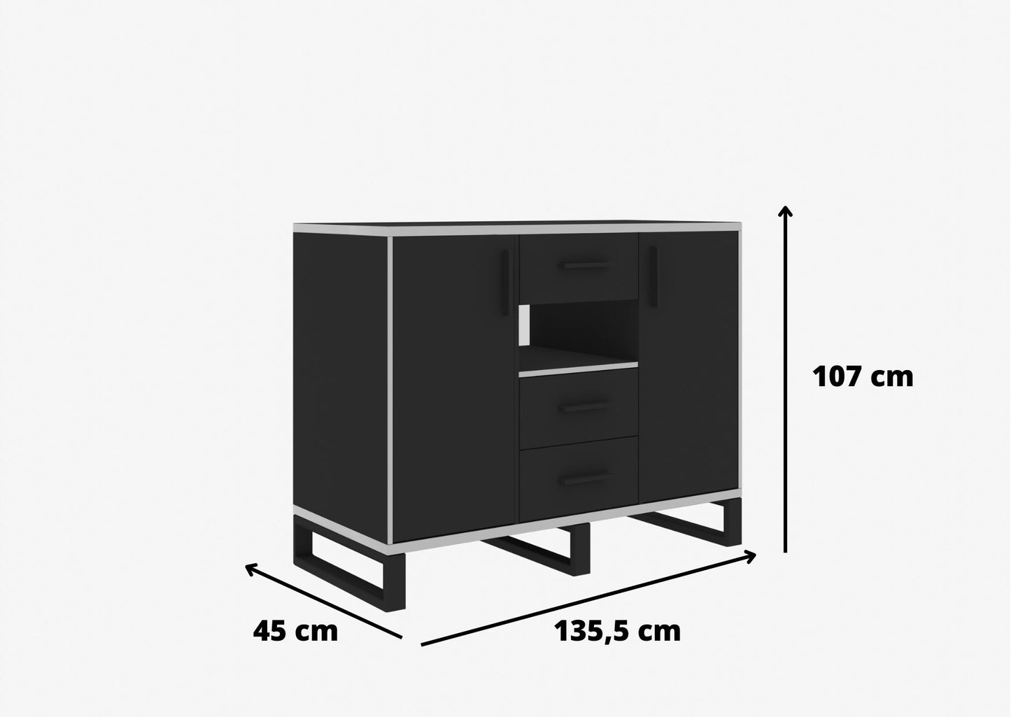 Wymiary komody LUX loft 3 szuflady 2 fronty są tak dostosowane, aby mebel spełnił wszystkie niezbędne wymagania: zarówno pod względem stabilności, jak i pojemności.