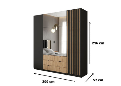Wymiary dużej szafy 200 cm loft lustro Amsterdam są dostosowane tak, aby pomieścić w niej wszystkie najpotrzebniejsze rzeczy. Dodatkowo poprzez odpowiednie dostosowanie wymiarów szafa jest stabilna i odpowiednia do wielu pomieszczeń typu: sypialnia, pokój dzienny, garderoba, przedpokój itp.