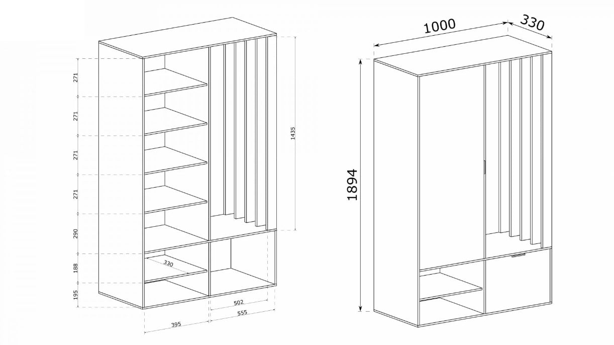Rysunki przedstawiające wymiary oraz wnętrze garderoby do przedpokoju z lustrem HAGA LOFT półki.