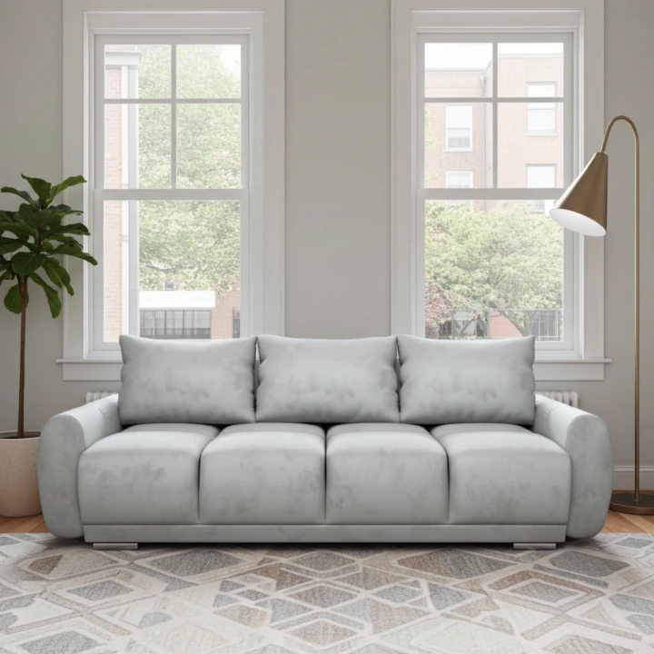 SZARA KANAPA ROZKŁADANA SOFA  3 FUNKCJA SPANIA SPRĘŻYNY WELUR POJEMNIK