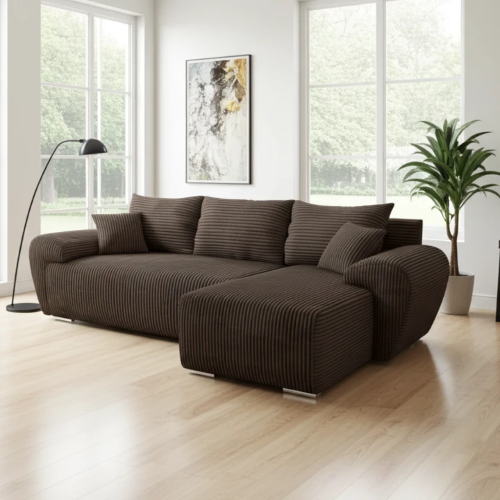 BRĄZOWY NAROŻNIK W SZTRUKSIE  ROZKŁADANY Z FUNKCJĄ SPANIA UBO ROGÓWKA TOP SZTRUKS 276 CM