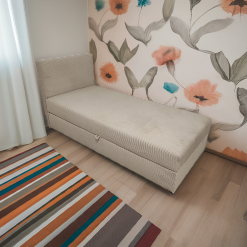 Tapicerowane pojedyncze łóżko 90x200 pojemnik sprężyny bonell sztruks beż