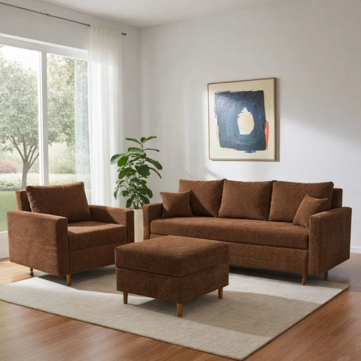 TAPICEROWANY  KOMPLET WYPOCZYNKOWY W SZTRUKSIE  KANAPA ROZKŁADANA DO SALONU  SCANDIK BONELL + FOTEL I  PUFA SZTRUKS