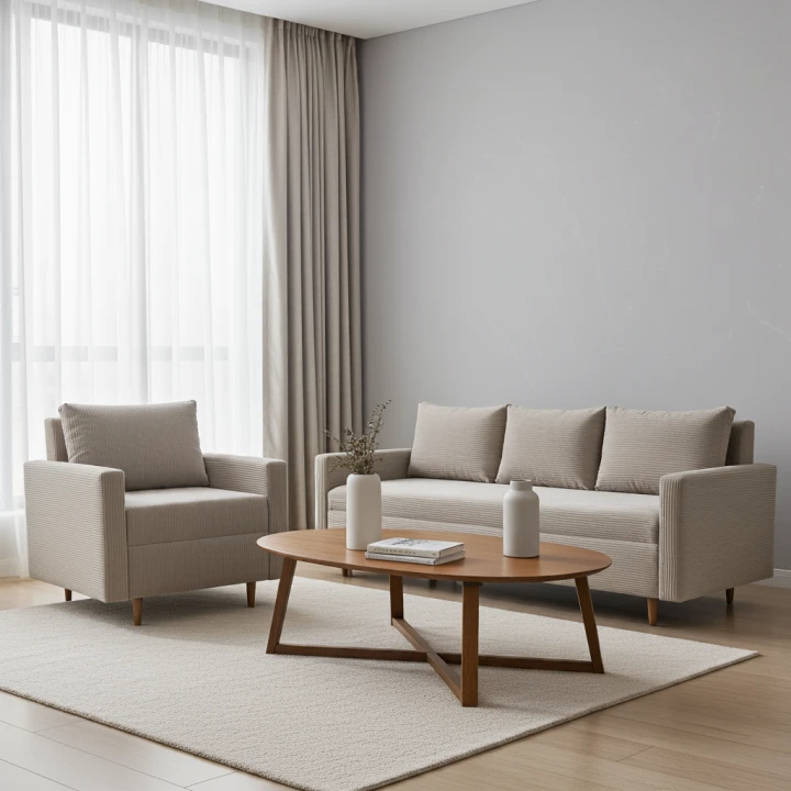 TAPICEROWANY  KOMPLET WYPOCZYNKOWY W SZTRUKSIE  KANAPA ROZKŁADANA DO SALONU  SCANDIK BONELL + FOTEL I  PUFA SZTRUKS