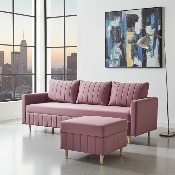 ZESTAW KANAPA ROZKŁADANA Z FUNCJĄ SPANIA FRIDA 3 + PUFA SPRĘŻYNY BONELL