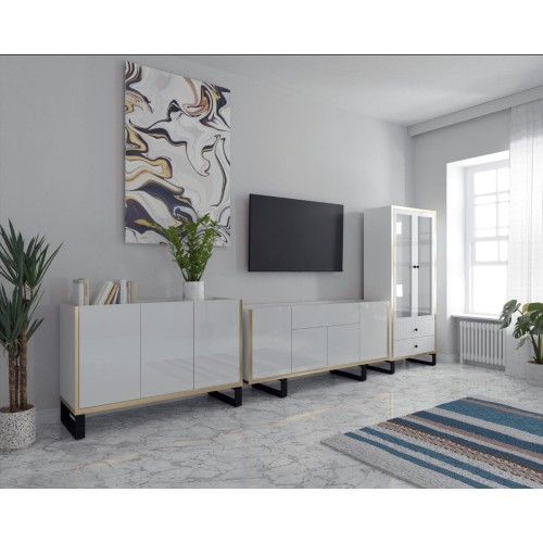 ZESTAW MEBLI BIAŁA WITRYNA + KOMODA + SZAFKA RTV