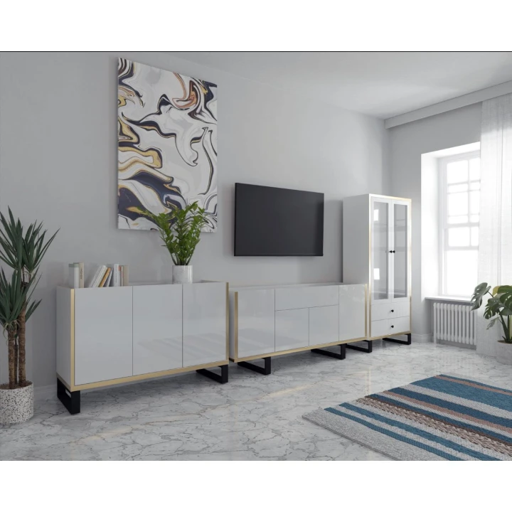 ZESTAW MEBLI BIAŁA WITRYNA + KOMODA + SZAFKA RTV