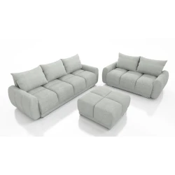 Zestaw wypoczynkowy do salonu Honey Kanapa rozkładana + Sofa "Dwójka" + Duża pufa Jasny szary Boucle