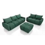 Zestaw wypoczynkowy do salonu Honey Kanapa rozkładana + Sofa "Dwójka" + Duża pufa Morska Zieleń Boucle
