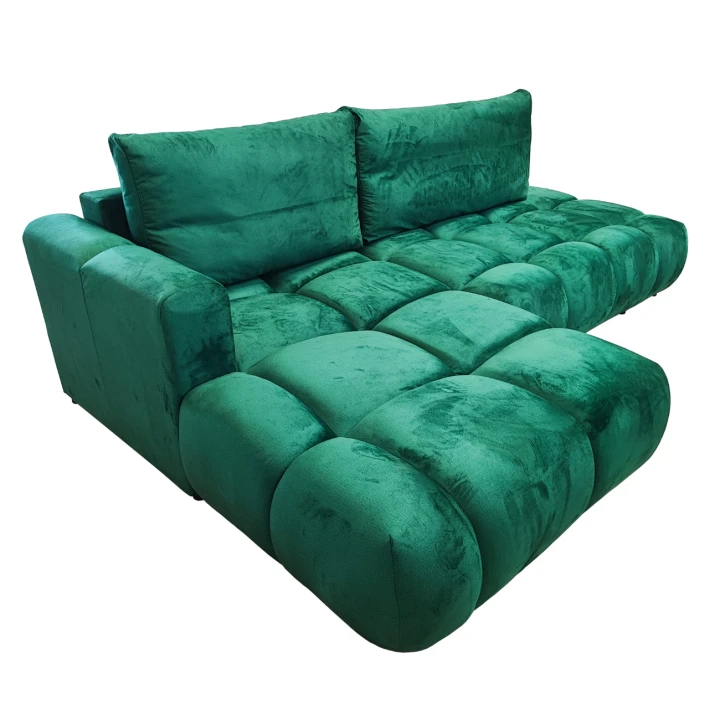 ZIELONY NAROŻNIK ROZKŁADANY Z FUNKCJĄ SPANIA PIKOWANY SOFFI PRAWY WELUR